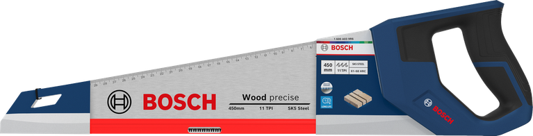 Cưa tay Bosch 450 mm, 11 răng/inch, dùng để cắt gỗ chính xác.